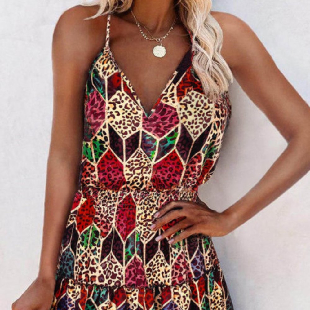 Leopard Elastic Waist Spaghetti Strap Mini Dress